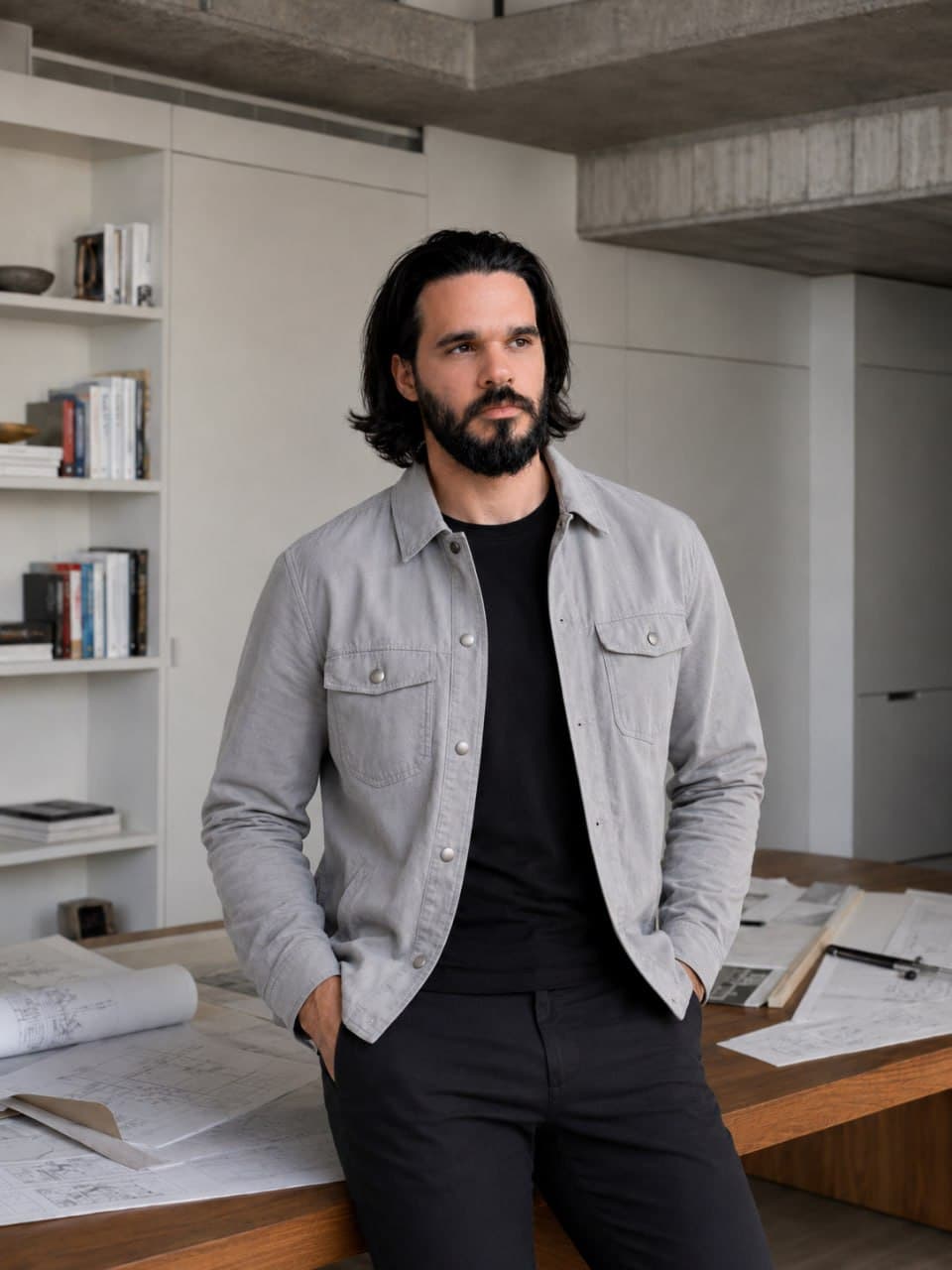 David Paredes, fundador de Creative Walls, en su estudio junto a planos de proyecto