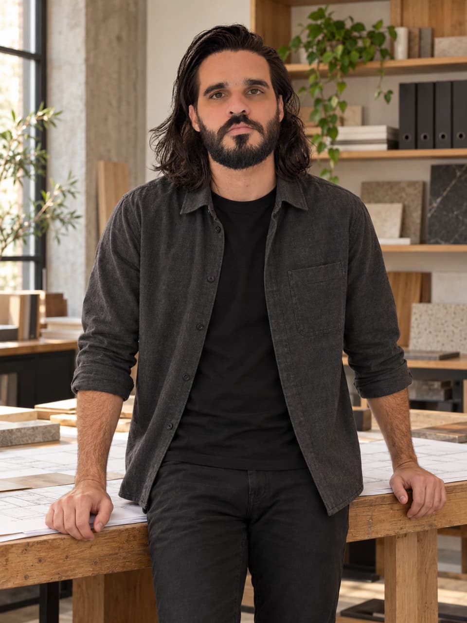David Paredes, fundador de Creative Walls, apoyado en una mesa con planos en su estudio