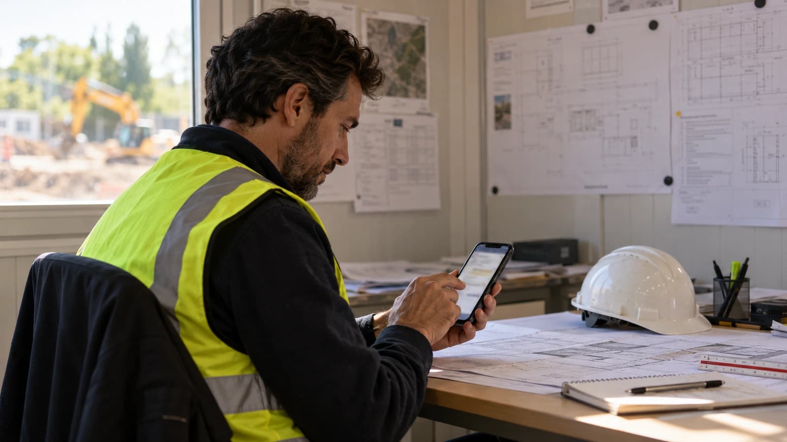 Jefe de obra buscando un proveedor en el móvil desde la caseta de obra