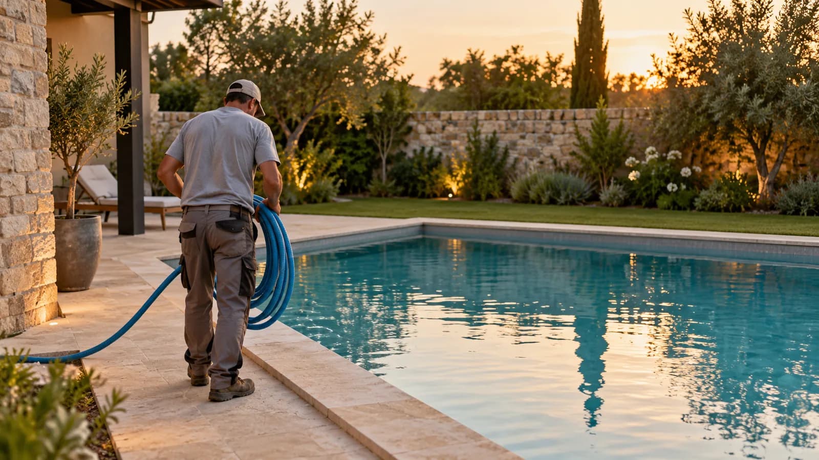 Piscina recién terminada en el jardín de una vivienda, con luz de atardecer