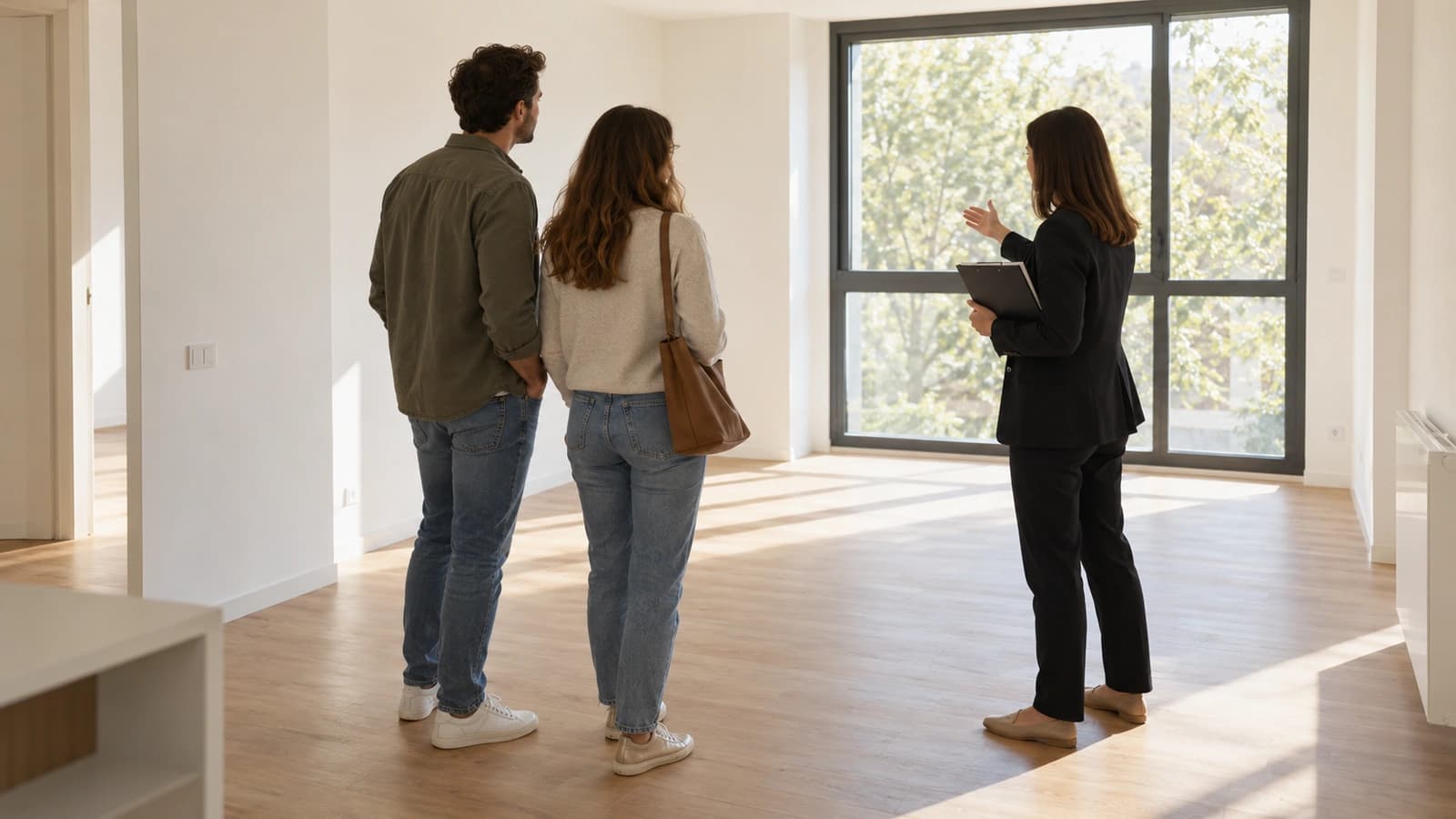 Visita a una vivienda de obra nueva recién terminada, con luz natural por el ventanal