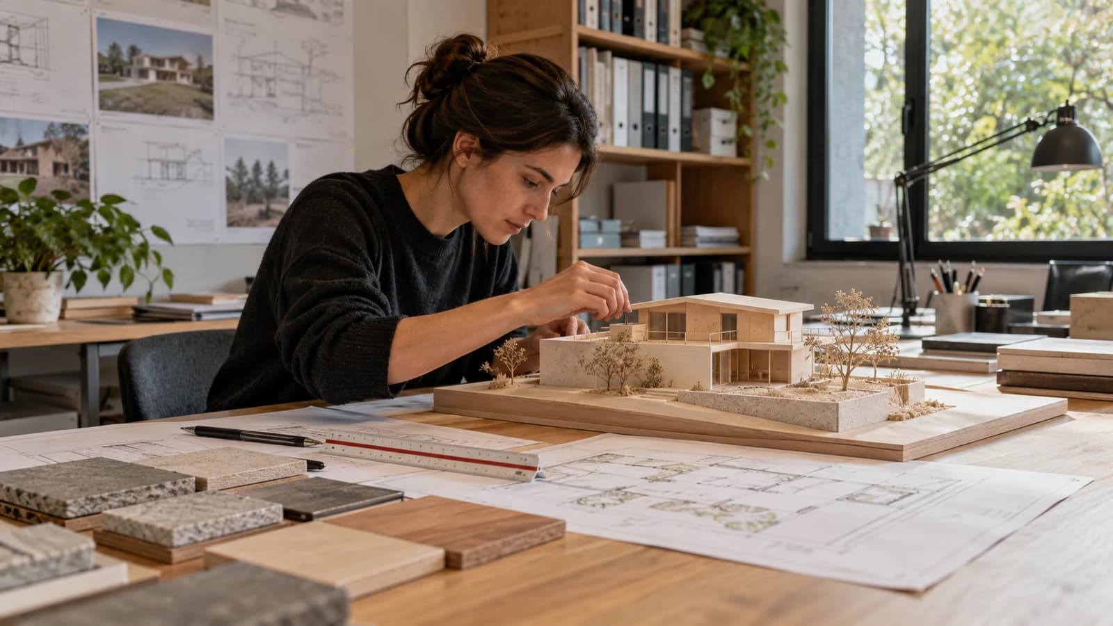 Arquitecta ajustando la maqueta de madera de una vivienda en su estudio, con planos y muestras de materiales