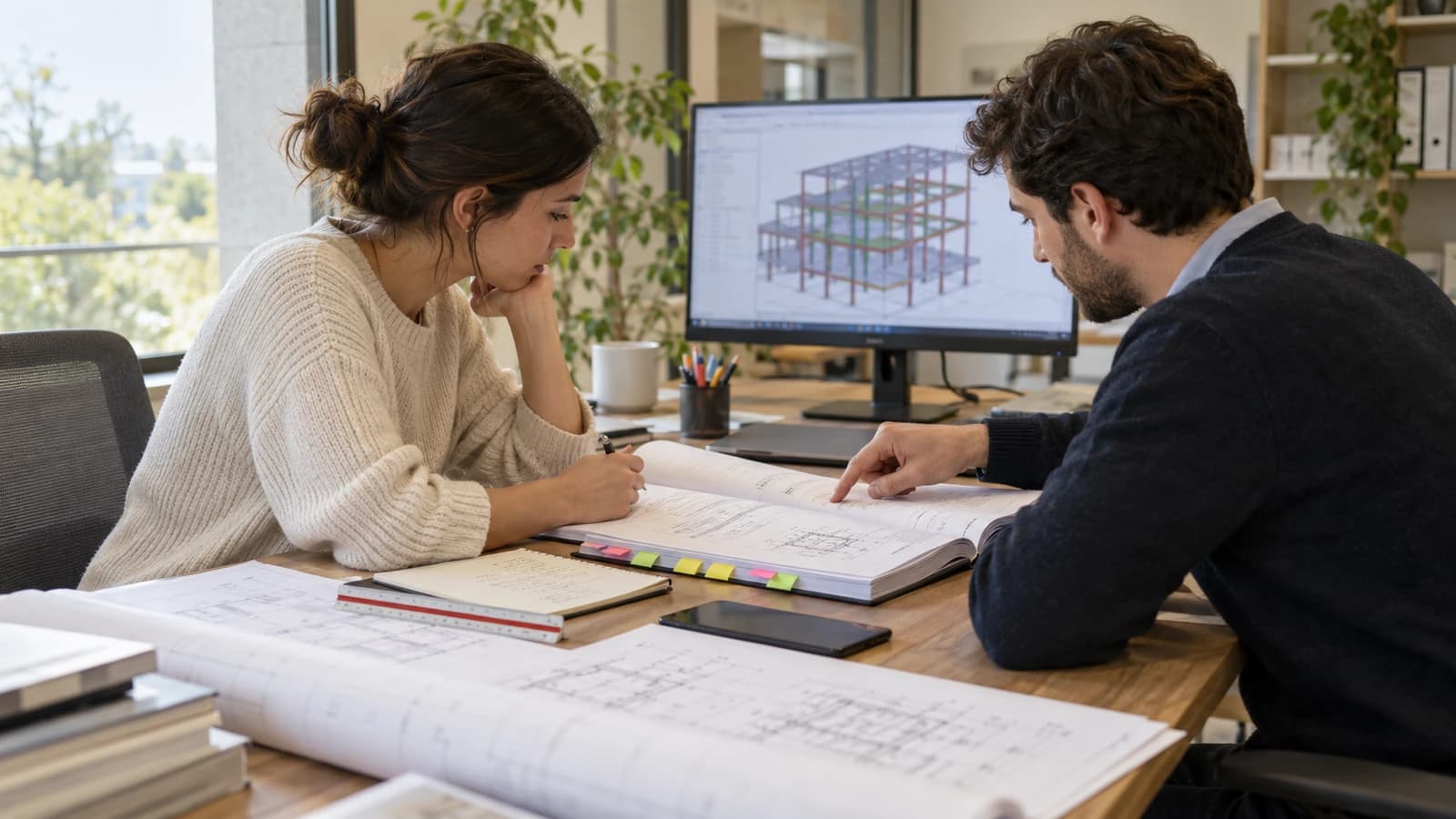 Dos técnicos revisando un informe de cálculo estructural impreso