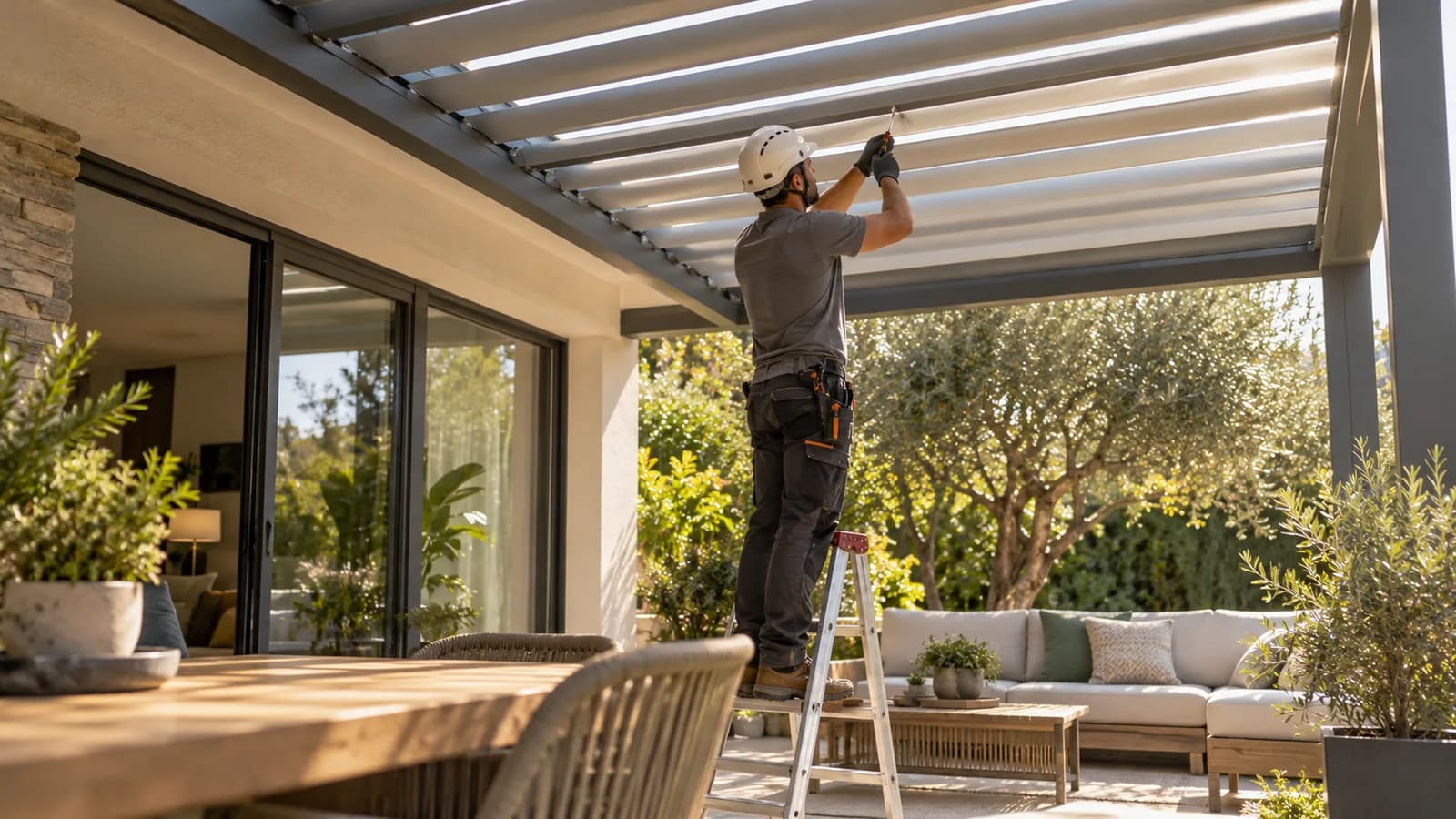 Instalador ajustando las lamas de una pérgola bioclimática en una terraza