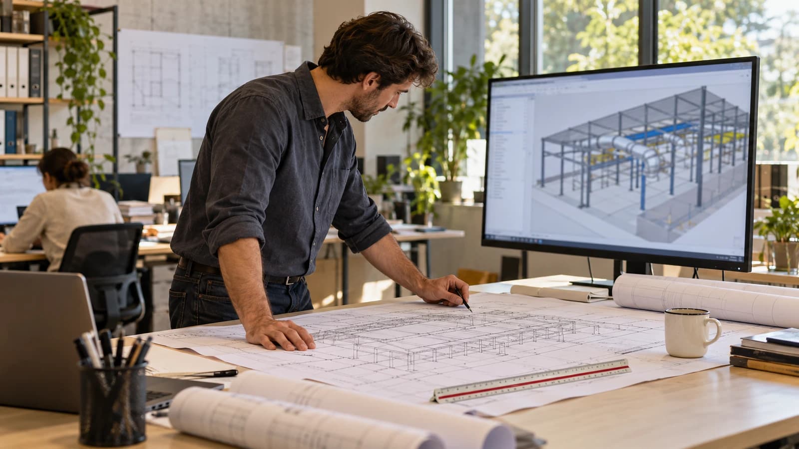 Ingeniero comparando el plano impreso de una nave industrial con el modelo en pantalla