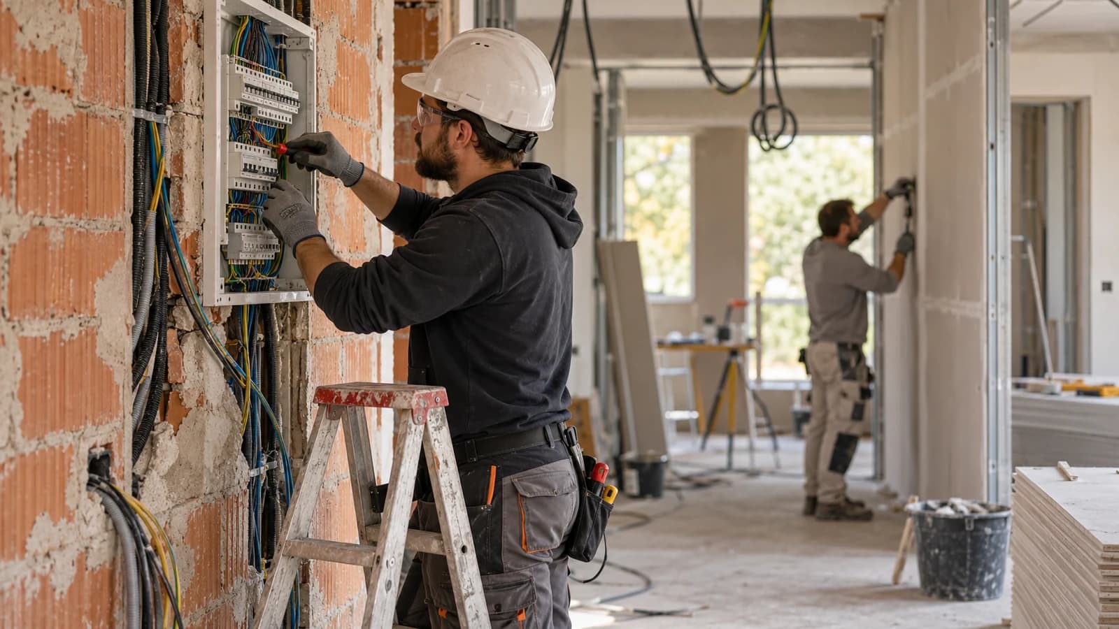 Electricista montando un cuadro eléctrico en una vivienda en obra