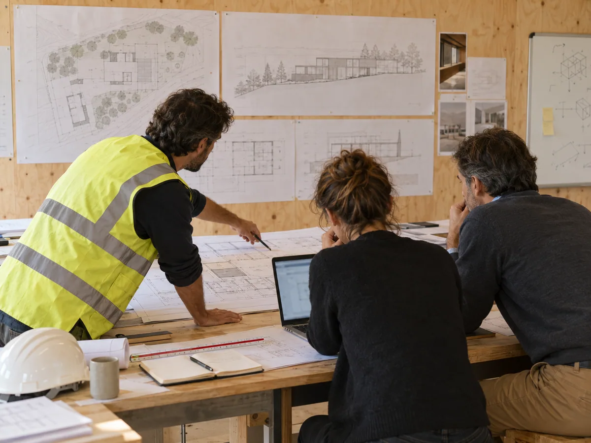 Equipo de Creative Walls revisando un proyecto con un cliente del sector construcción