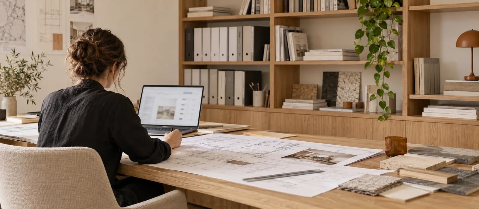 Oficina técnica de una constructora trabajando con un asistente de IA en el portátil