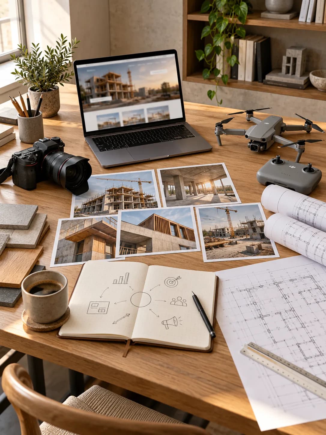 Mesa de trabajo de Creative Walls con fotos de obra, planos, cámara y dron